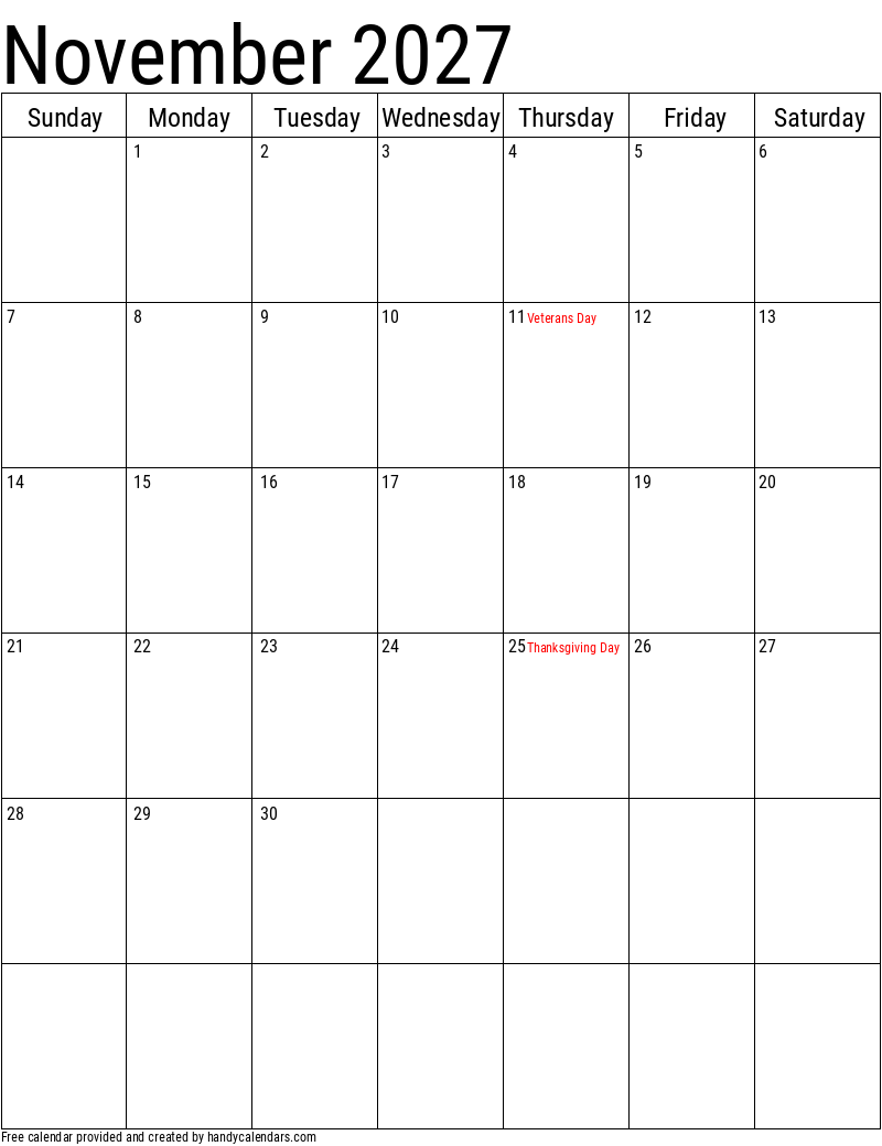 November 2027 Vertical Calendar With Holidays Handy Calendars