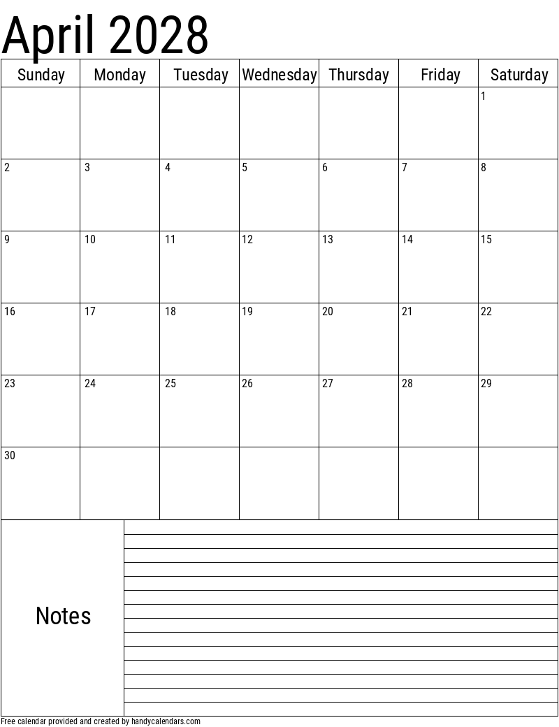 2028 April Vertical Calendar with Notes Template