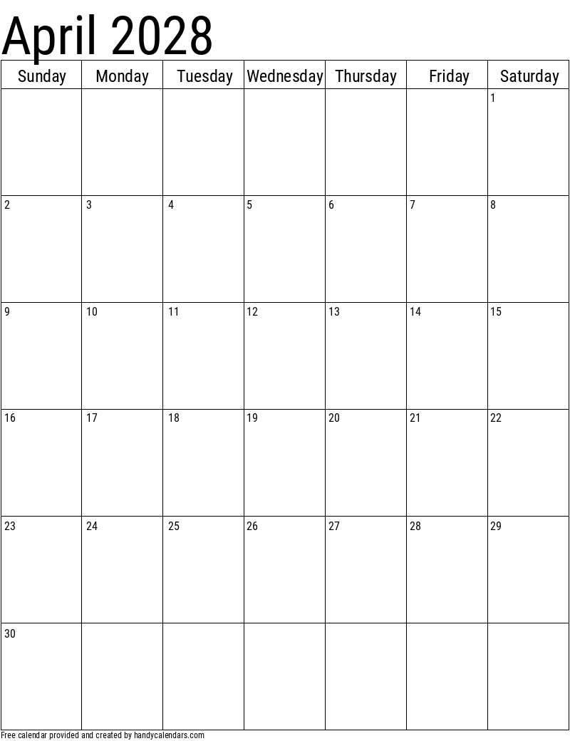 2028 April Vertical Calendar Template