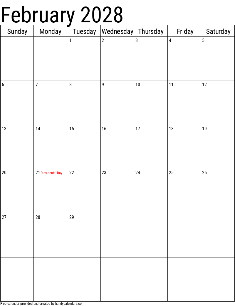 February 2028 Vertical Calendar With Holidays Handy Calendars