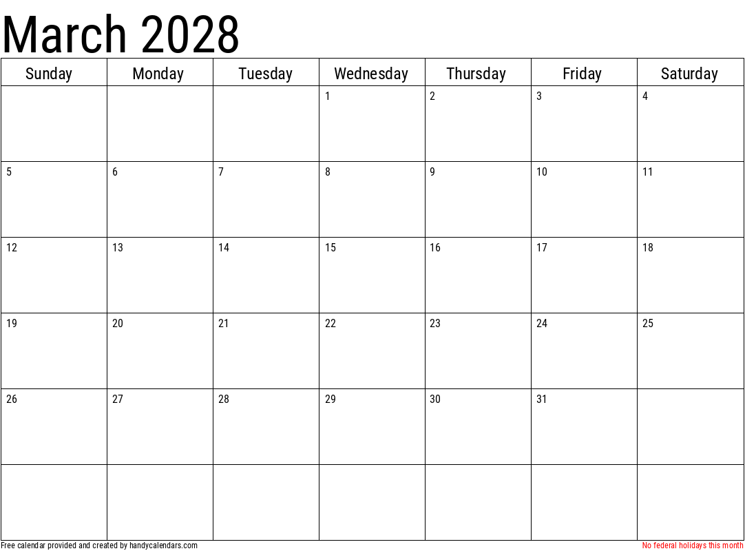 2028 March Calendar Template with Holidays