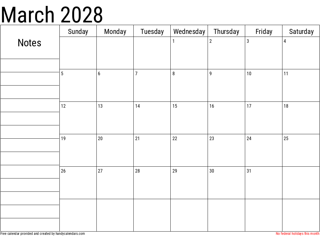 March 2028 Calendar With Notes And Holidays - Handy Calendars