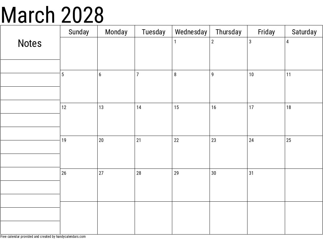2028 March Calendar with Notes Template