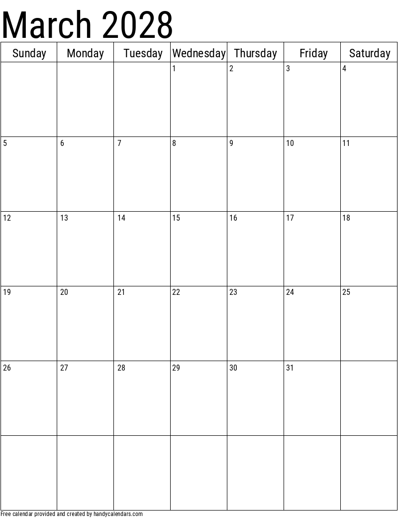 2028 March Vertical Calendar Template