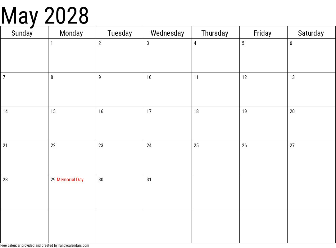 2028 May Calendar Template with Holidays
