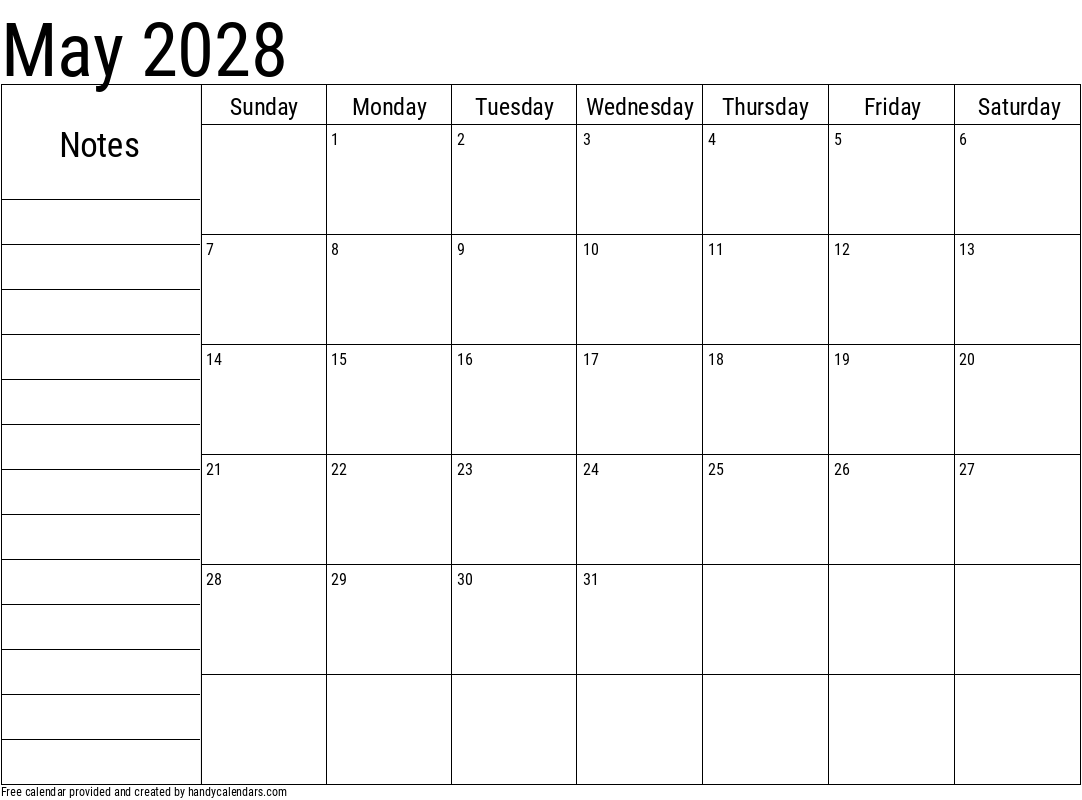 2028 May Calendar with Notes Template
