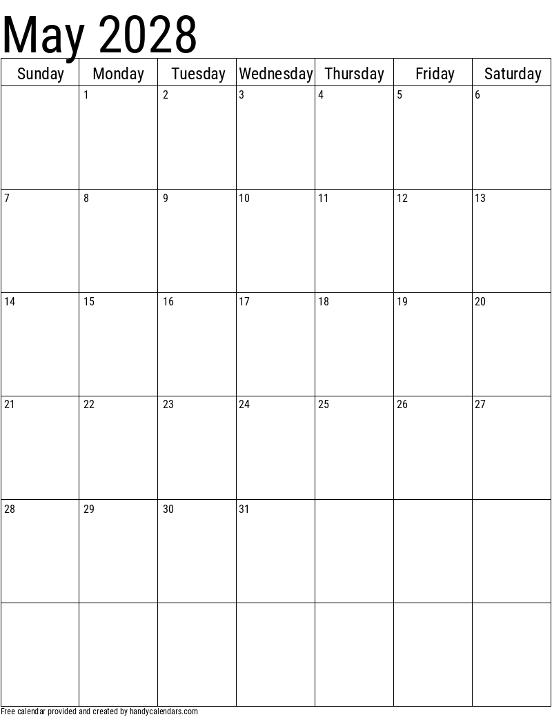 2028 May Vertical Calendar Template