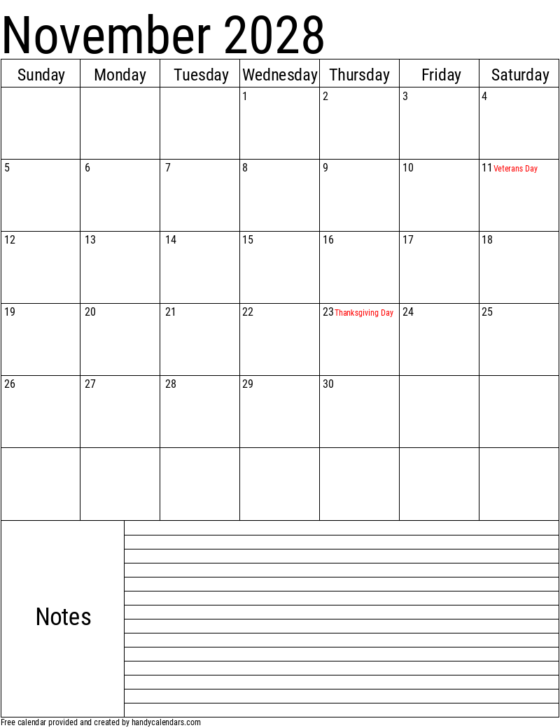 November 2028 Vertical Calendar With Notes And Holidays - Handy Calendars