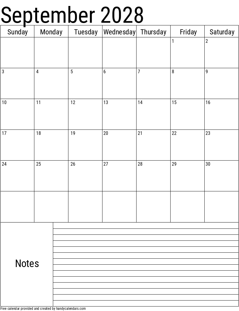 September 2028 Vertical Calendar With Notes - Handy Calendars