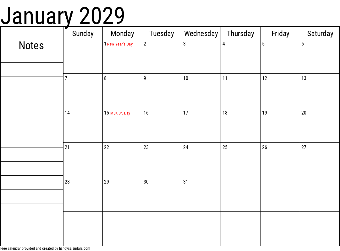 January 2029 Calendar With Notes And Holidays - Handy Calendars