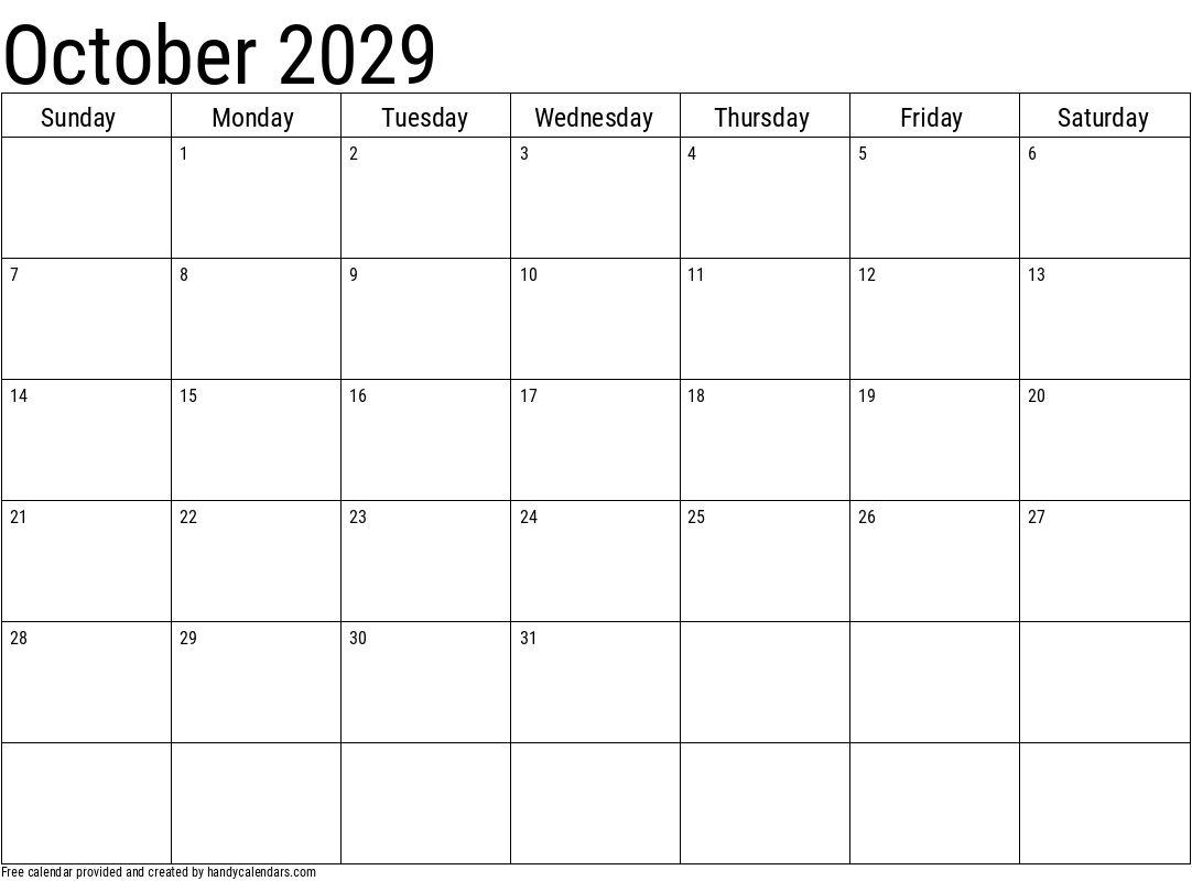 2029 October Calendar Template