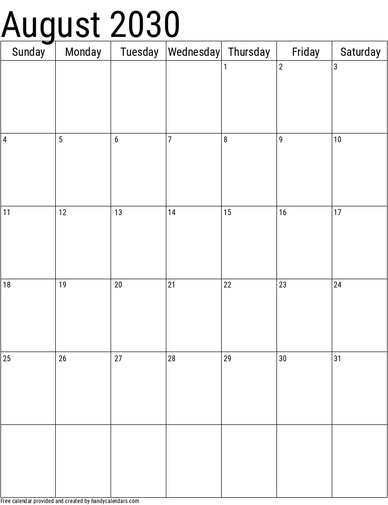 2030 August Calendars - Handy Calendars