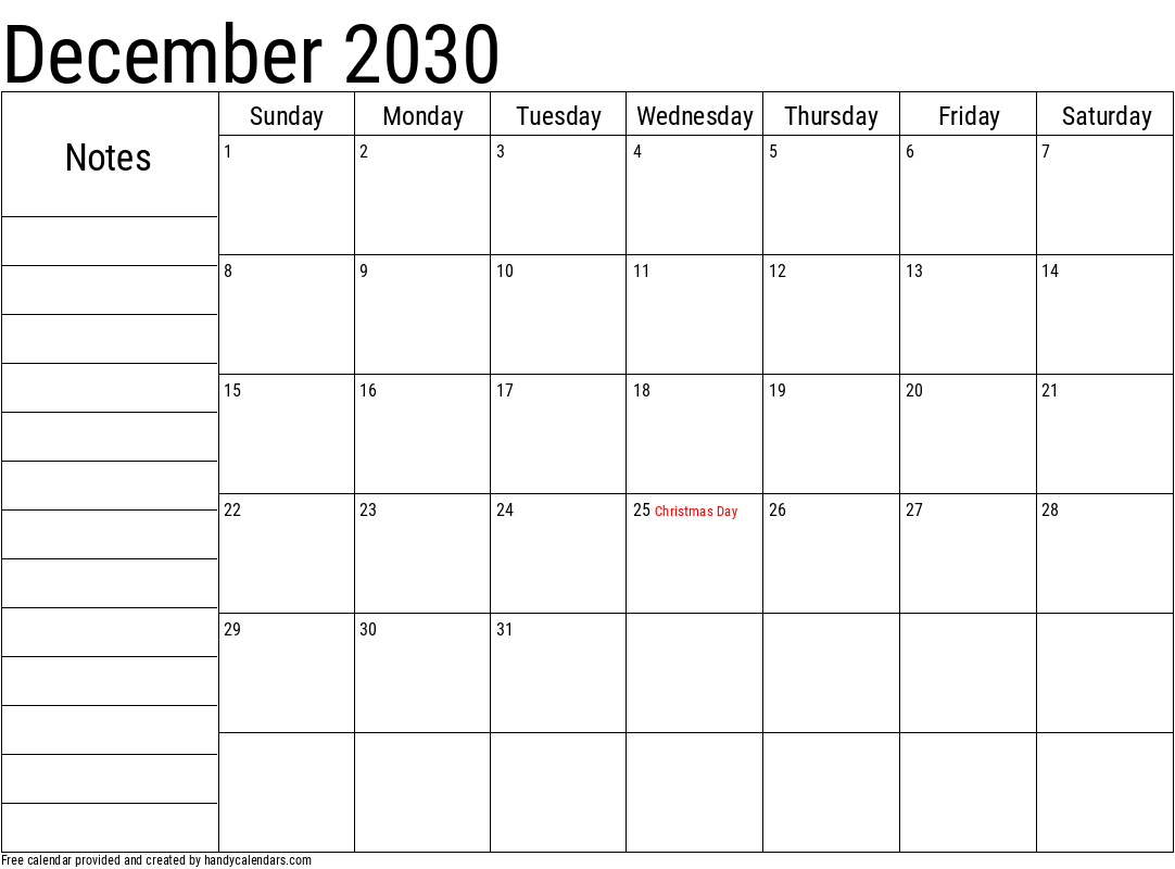 December 2030 Calendar With Notes And Holidays Handy Calendars