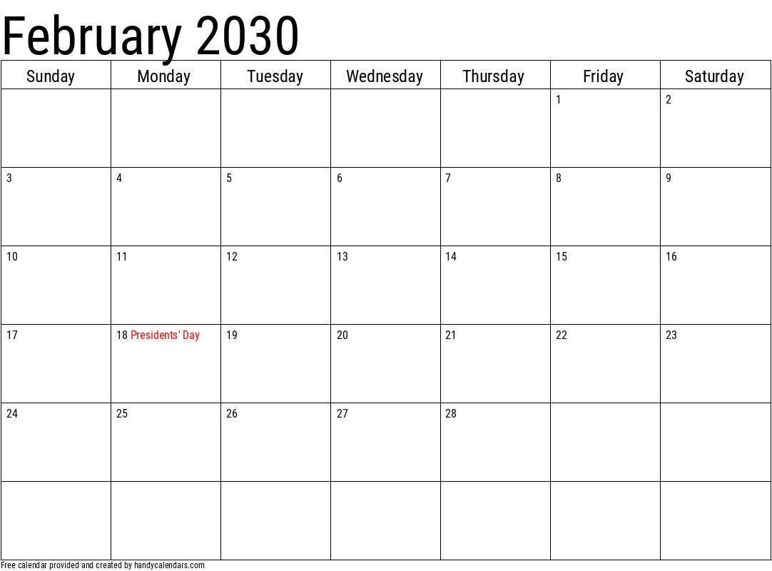 2030 February Calendars Handy Calendars