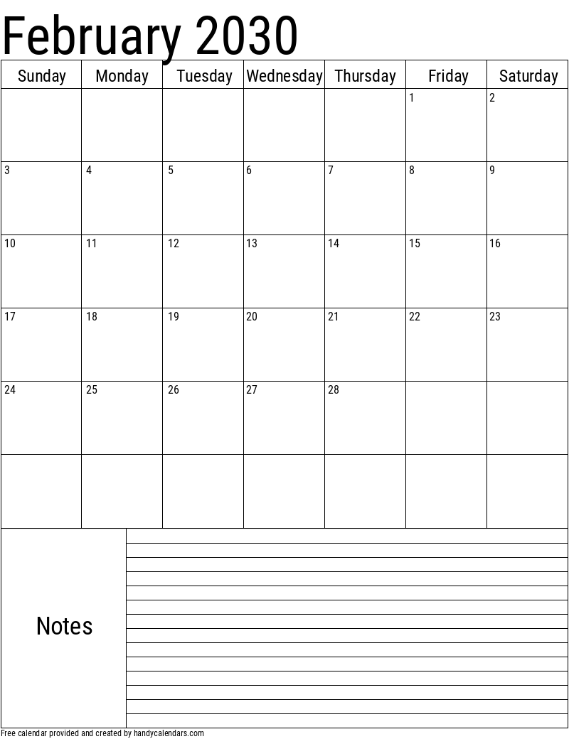 February 2030 Vertical Calendar With Notes Handy Calendars
