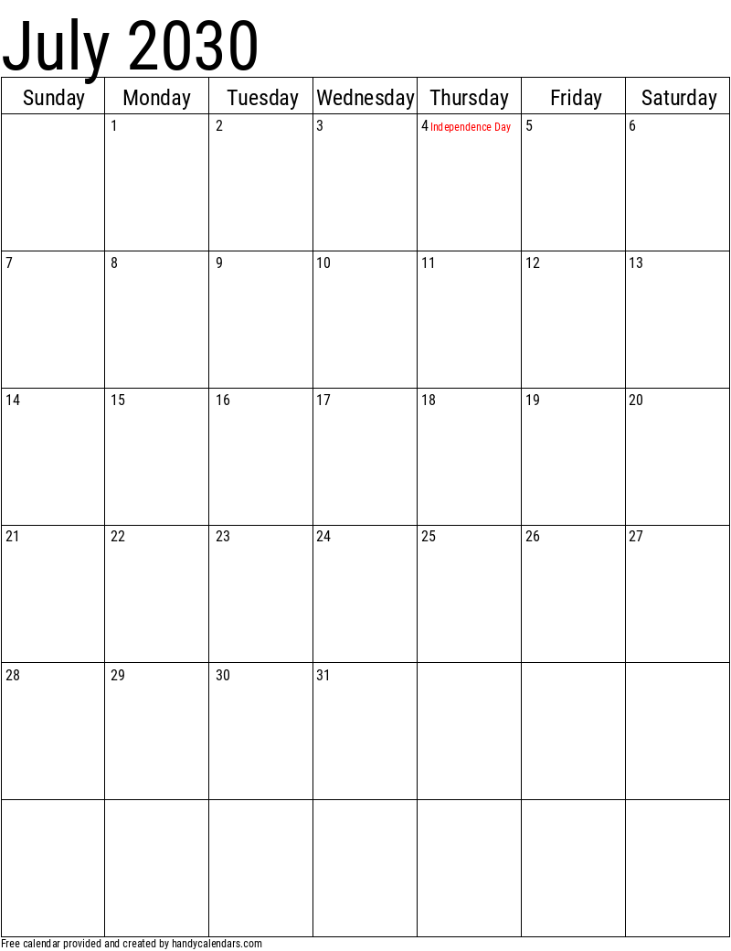 July 2030 Vertical Calendar With Holidays - Handy Calendars