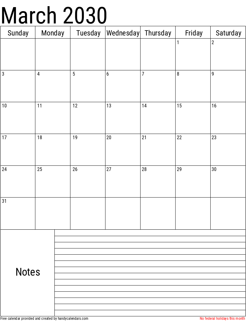 March 2030 Vertical Calendar With Notes And Holidays - Handy Calendars