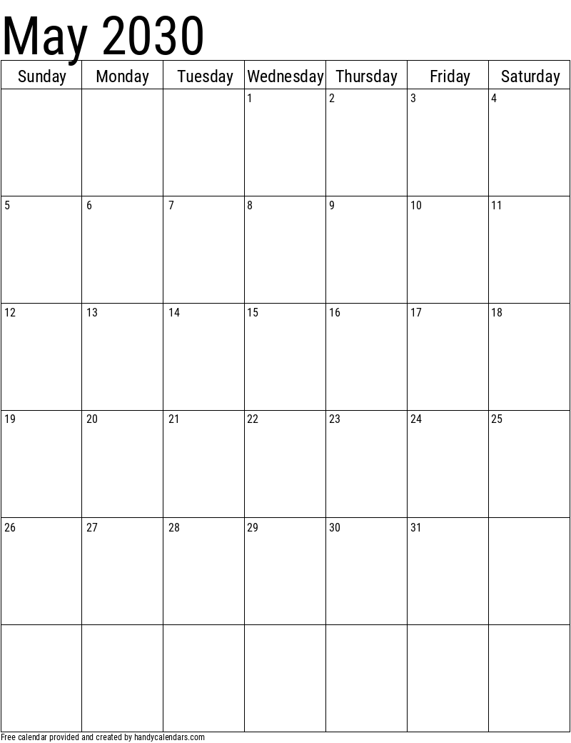 May 2030 Vertical Calendar - Handy Calendars