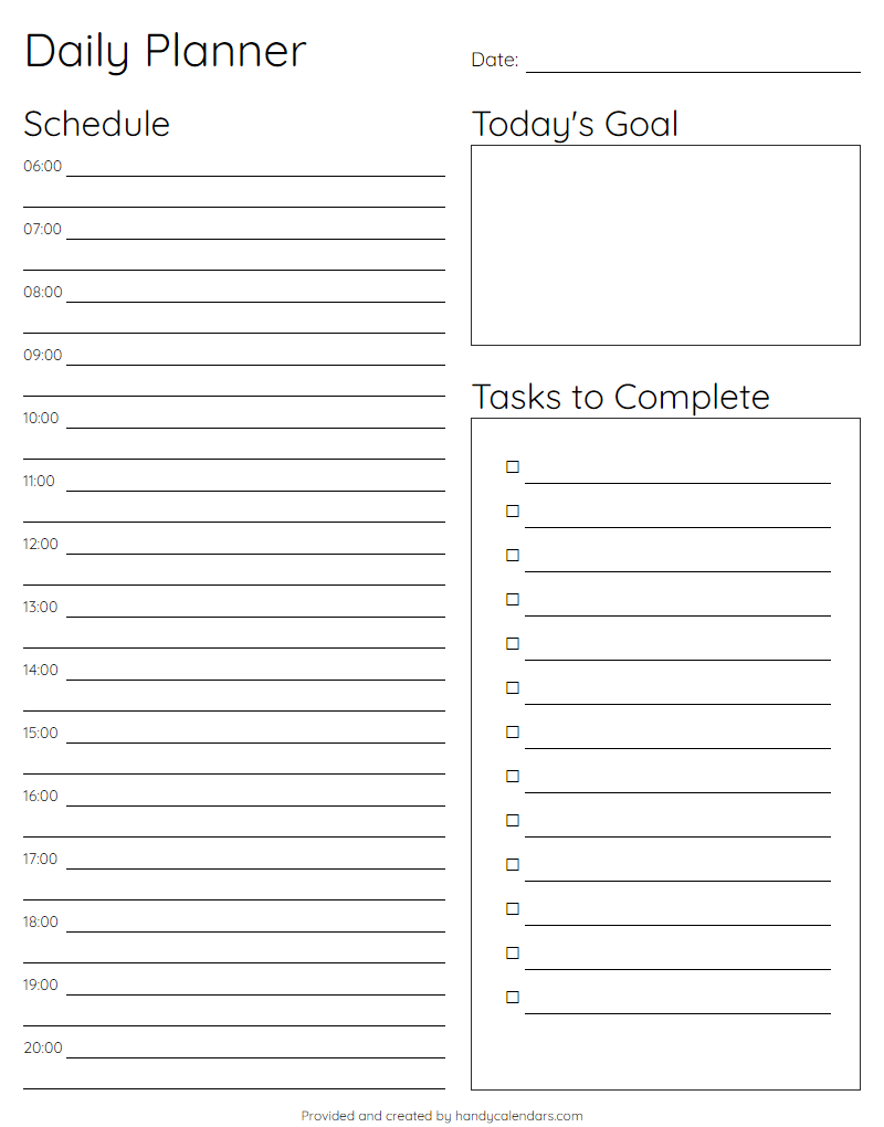 Daily Goal Planner - Handy Calendars