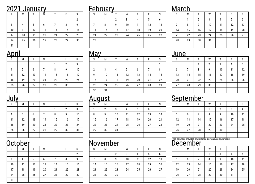 2021 Yearly Calendar - Handy Calendars